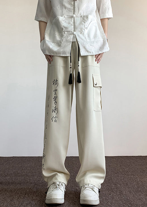 Boutique Chinese Style Beige Pockets Print Ice Silk Pants Summer Yt049