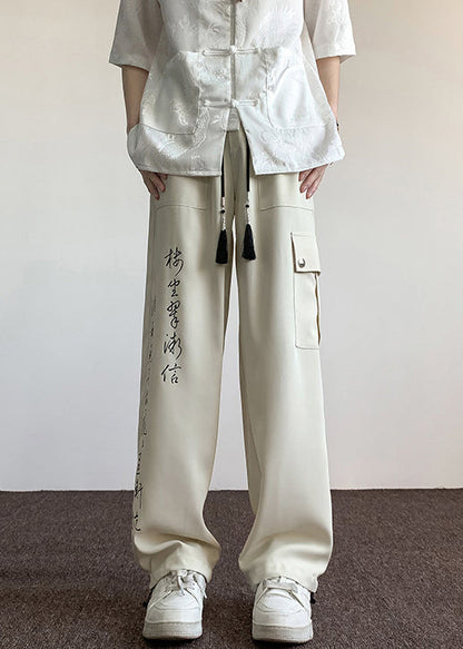 Boutique Chinese Style Beige Pockets Print Ice Silk Pants Summer Yt049