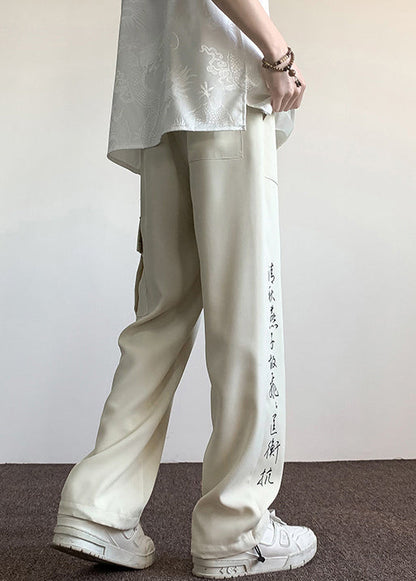 Boutique Chinese Style Beige Pockets Print Ice Silk Pants Summer Yt049