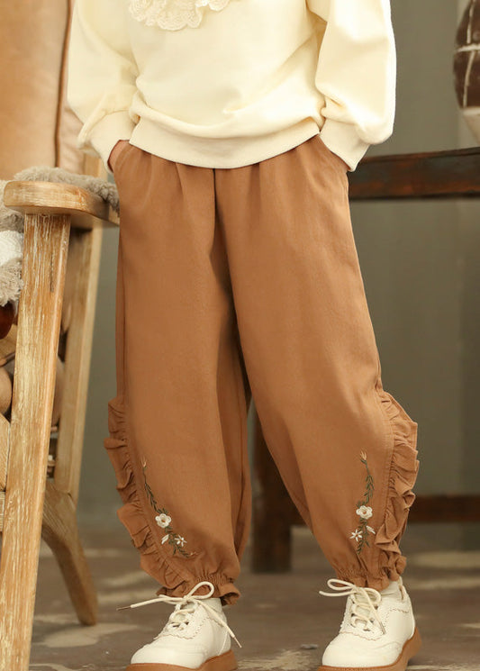 Boutique Coffee Embroideried Ruffled Patchwork Harem Pants Tv008