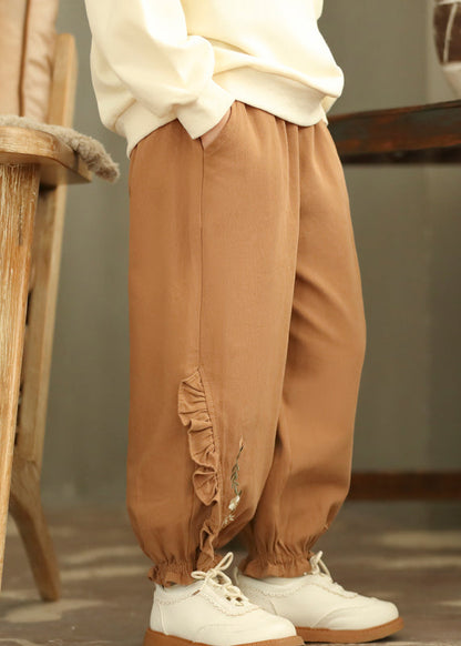Boutique Coffee Embroideried Ruffled Patchwork Harem Pants Tv008