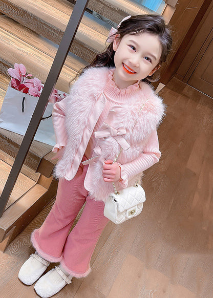 Boutique Coffee Warm Kids Knitted Cotton Waistcoat Sweaters and Flared Trousers Two Pieces Set Winter Tr018