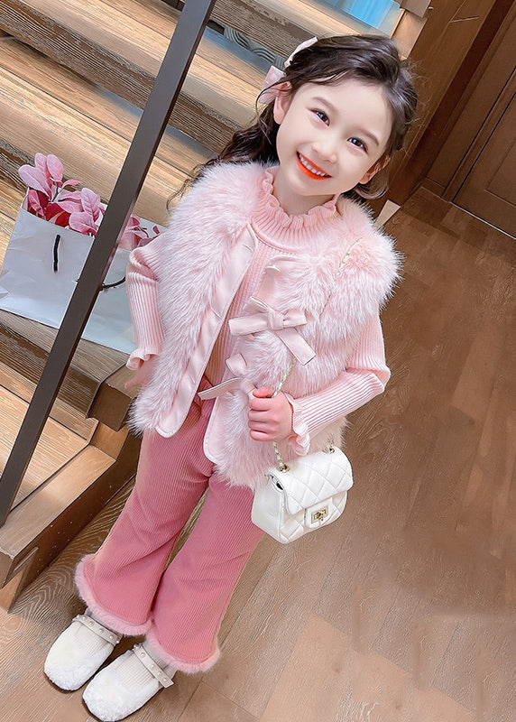 Boutique Coffee Warm Kids Knitted Cotton Waistcoat Sweaters and Flared Trousers Two Pieces Set Winter Tr018