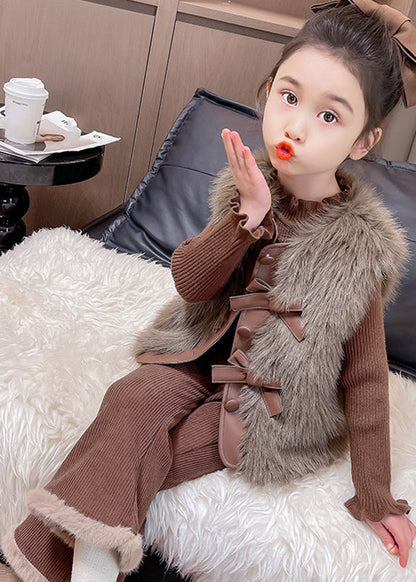 Boutique Coffee Warm Kids Knitted Cotton Waistcoat Sweaters and Flared Trousers Two Pieces Set Winter Tr018