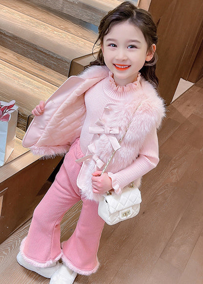 Boutique Coffee Warm Kids Knitted Cotton Waistcoat Sweaters and Flared Trousers Two Pieces Set Winter Tr018