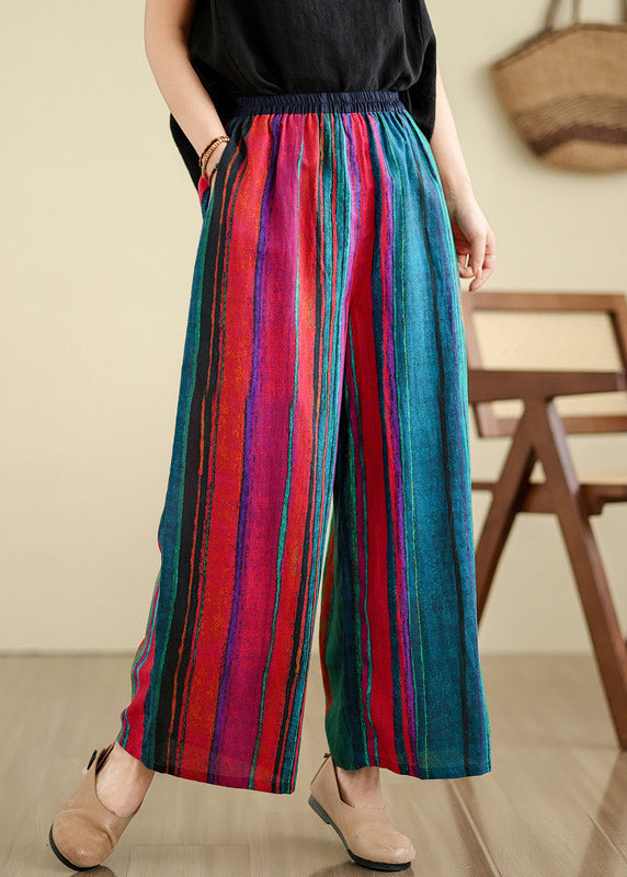 Boutique Colorblock Pockets Striped Linen Wide Leg Pants Summer Th052