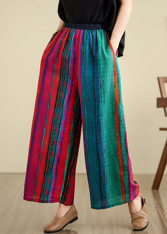 Boutique Colorblock Pockets Striped Linen Wide Leg Pants Summer Th052