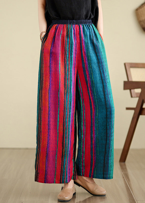 Boutique Colorblock Pockets Striped Linen Wide Leg Pants Summer Th052