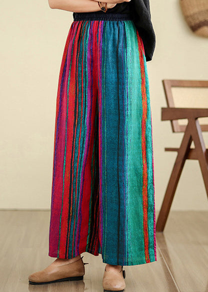 Boutique Colorblock Pockets Striped Linen Wide Leg Pants Summer Th052