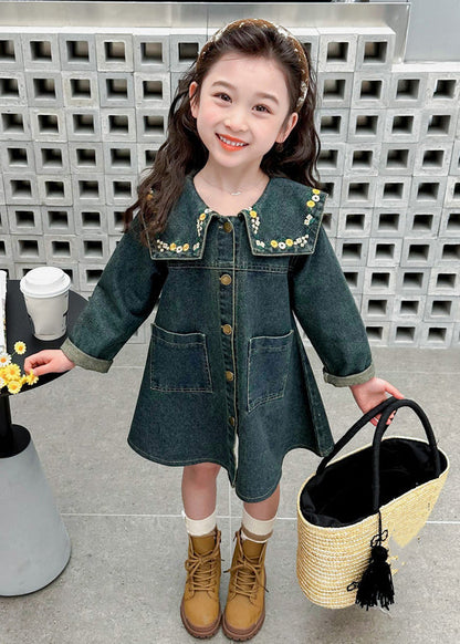 Boutique Denim Blue Peter Pan Collar Patchwork Pockets Kids Maxi Dresses Spring Tv034