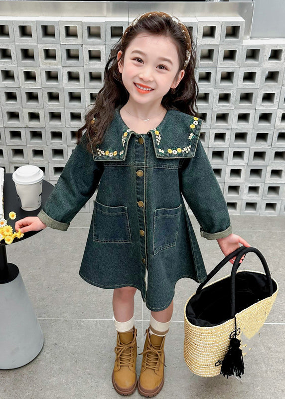 Boutique Denim Blue Peter Pan Collar Patchwork Pockets Kids Maxi Dresses Spring Tv034