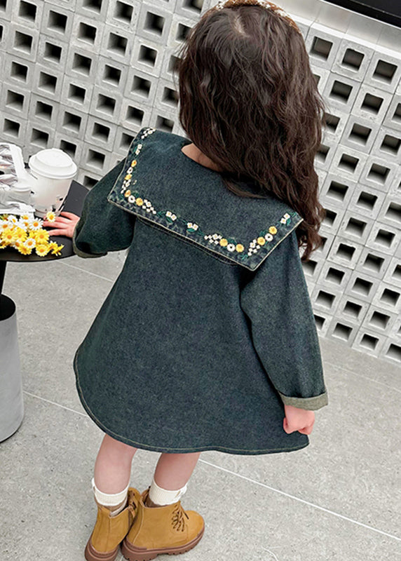 Boutique Denim Blue Peter Pan Collar Patchwork Pockets Kids Maxi Dresses Spring Tv034