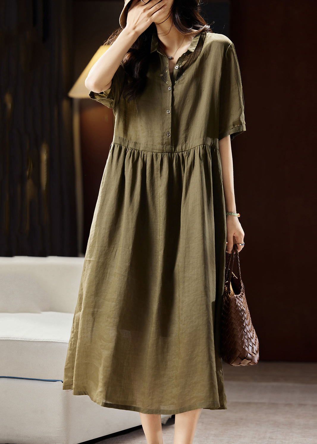 Boutique Green Peter Pan Collar Patchwork Linen Long Dresses Short Sleeve Ww034