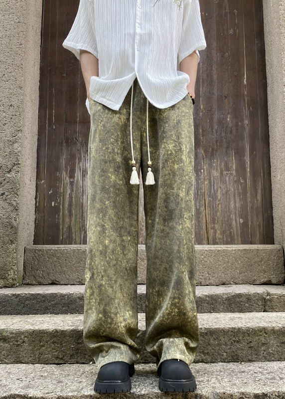 Boutique Green Pockets Print Ice Silk Pants Summer Yt047