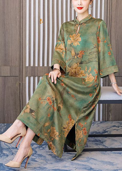 Boutique Green Print Chinese Button Silk Long Dress Bracelet Sleeve Ly1686