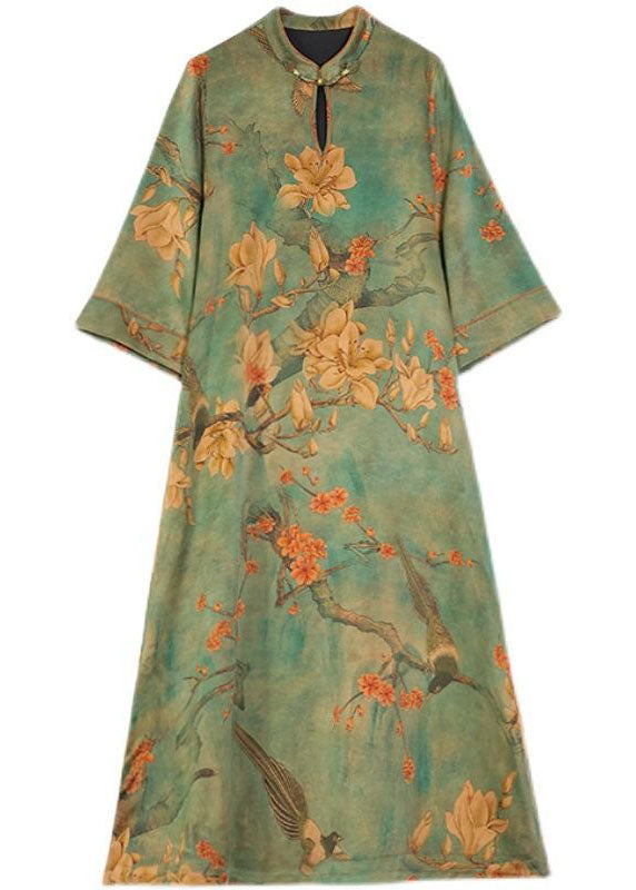 Boutique Green Print Chinese Button Silk Long Dress Bracelet Sleeve Ly1686