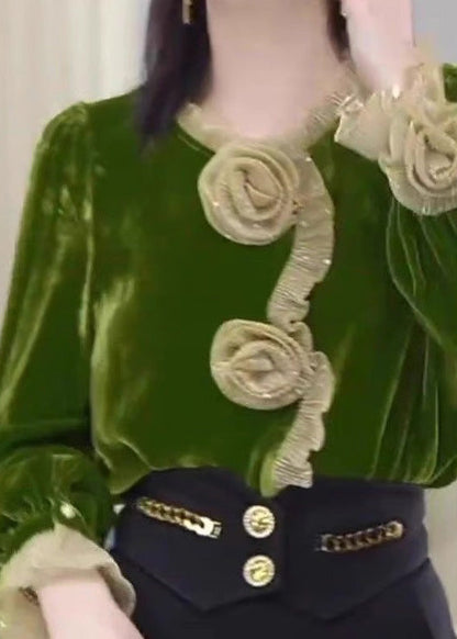 Boutique Green Ruffled Velour Blouse Tops Fall Wp024