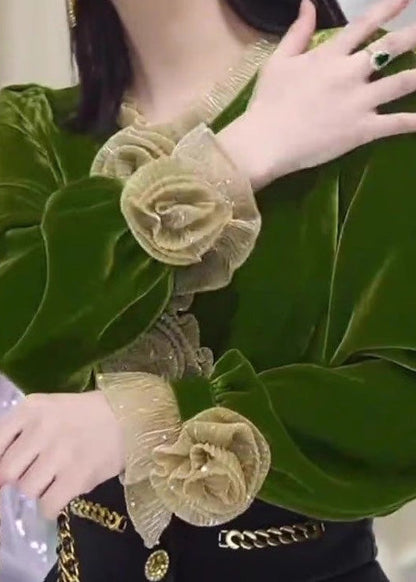 Boutique Green Ruffled Velour Blouse Tops Fall Wp024