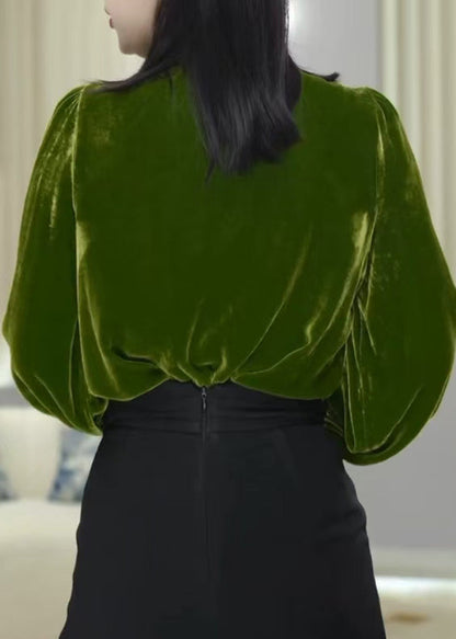 Boutique Green Ruffled Velour Blouse Tops Fall Wp024