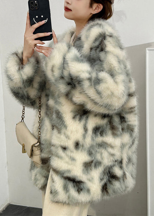 Boutique Green V Neck Print Leather and Fur Coats Winter Rd004