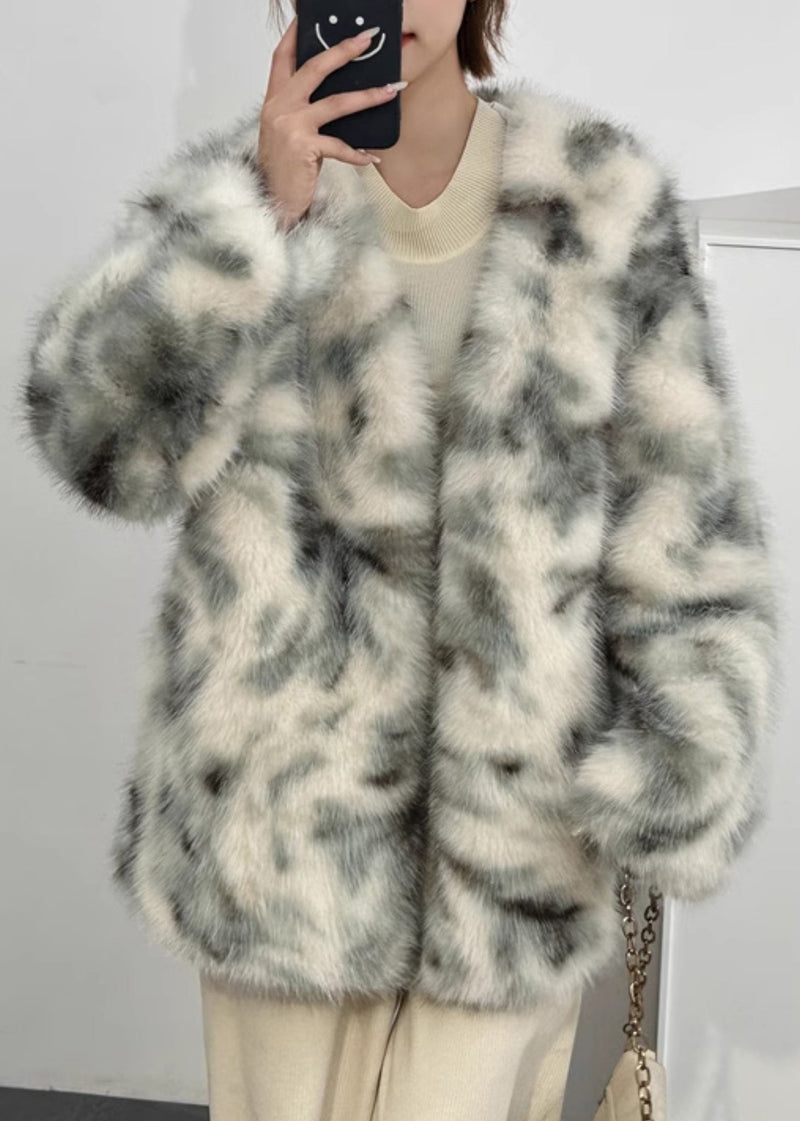 Boutique Green V Neck Print Leather and Fur Coats Winter Rd004