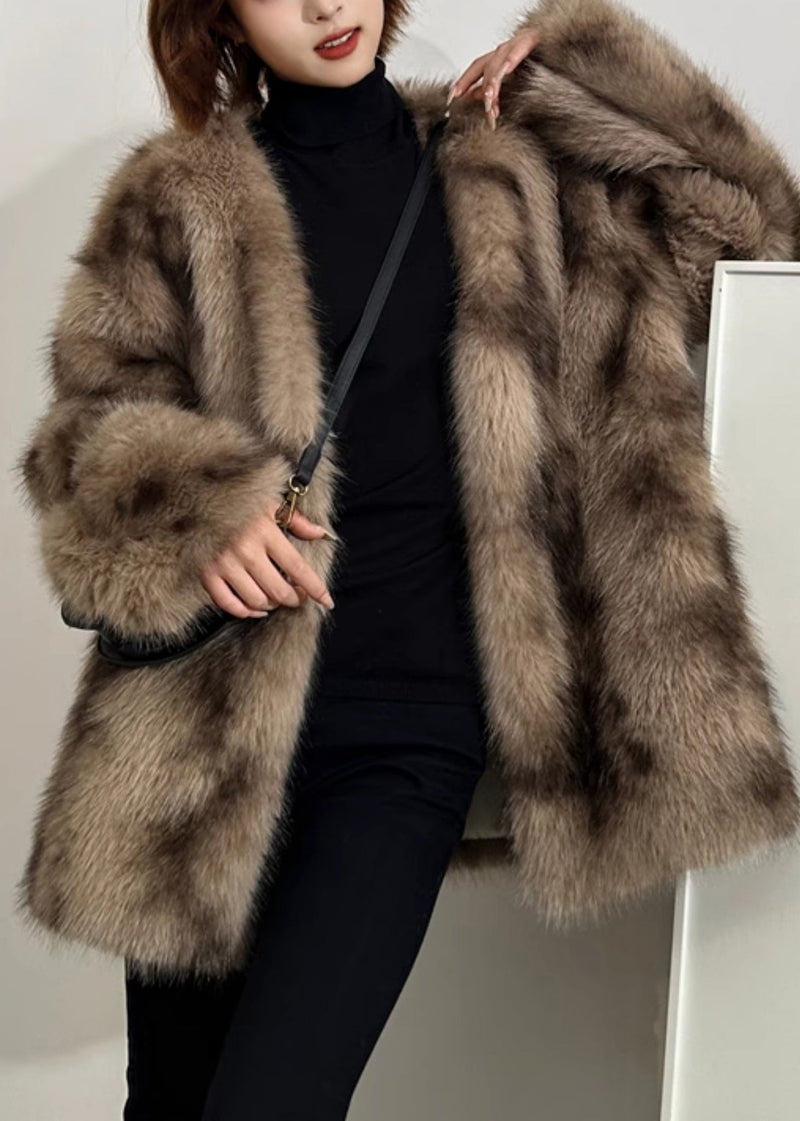 Boutique Green V Neck Print Leather and Fur Coats Winter Rd004