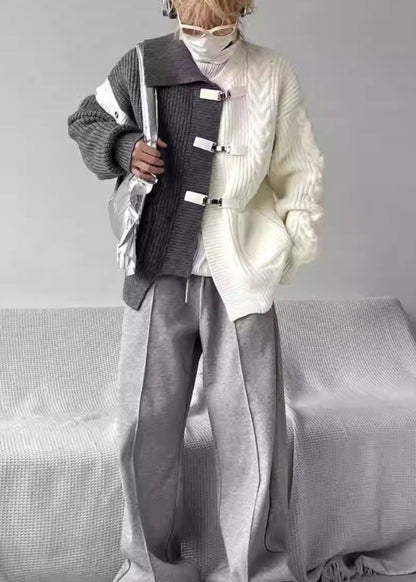 Boutique Grey Asymmetrical Buckle Patchwork Knit Sweaters Spring Yy036