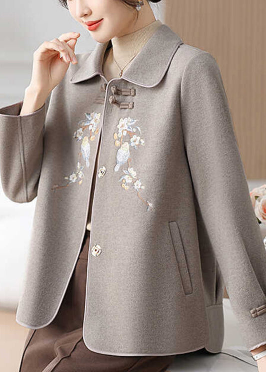 Boutique Grey Embroidered Oriental Button Woolen Coats Winter Rs029