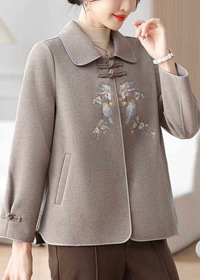 Boutique Grey Embroidered Oriental Button Woolen Coats Winter Rs029