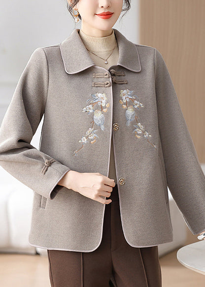 Boutique Grey Embroidered Oriental Button Woolen Coats Winter Rs029