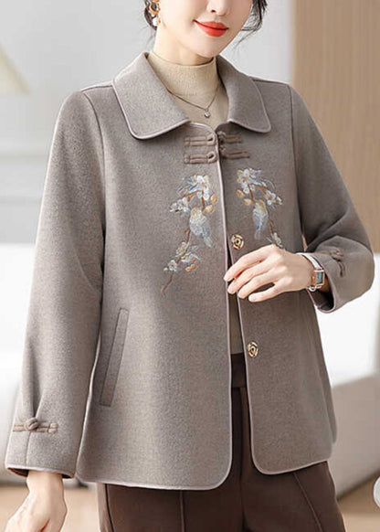 Boutique Grey Embroidered Oriental Button Woolen Coats Winter Rs029