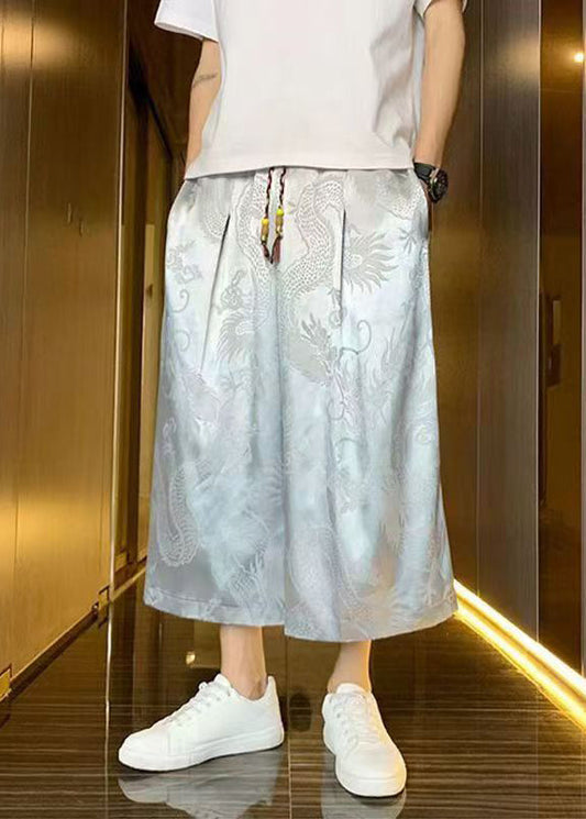 Boutique Grey Pockets Oriental Print Ice Silk Crop Pants Summer Sa043