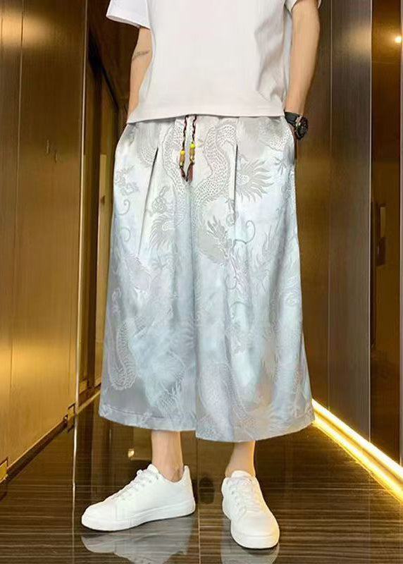 Boutique Grey Pockets Oriental Print Ice Silk Crop Pants Summer Sa043