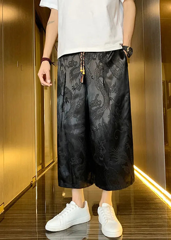 Boutique Grey Pockets Oriental Print Ice Silk Crop Pants Summer Sa043