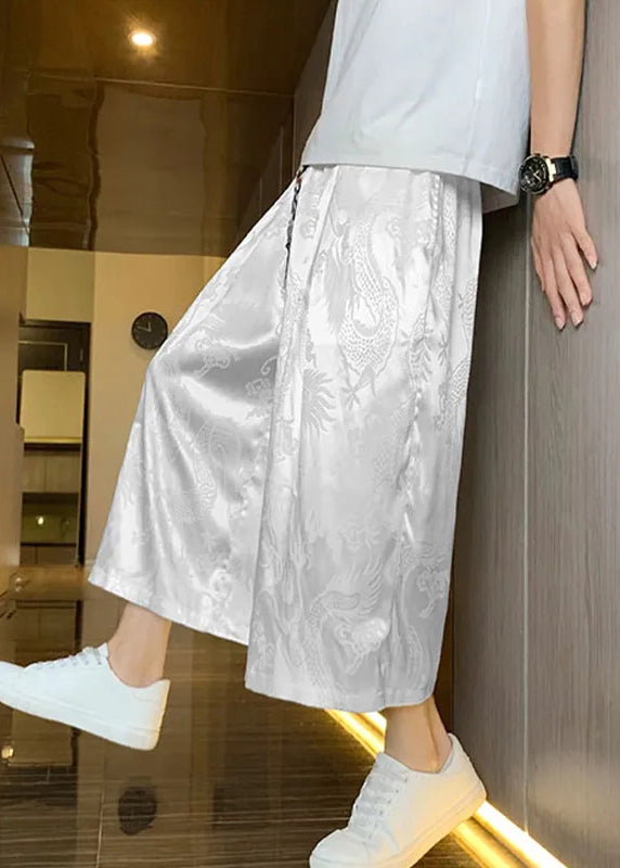 Boutique Grey Pockets Oriental Print Ice Silk Crop Pants Summer Sa043