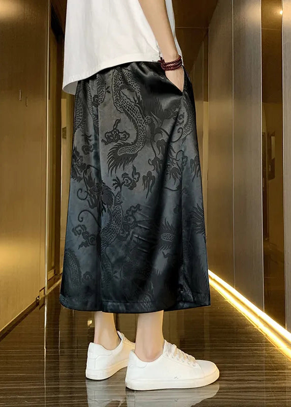 Boutique Grey Pockets Oriental Print Ice Silk Crop Pants Summer Sa043