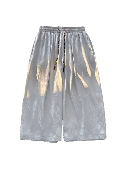 Boutique Grey Pockets Oriental Print Ice Silk Crop Pants Summer Sa043