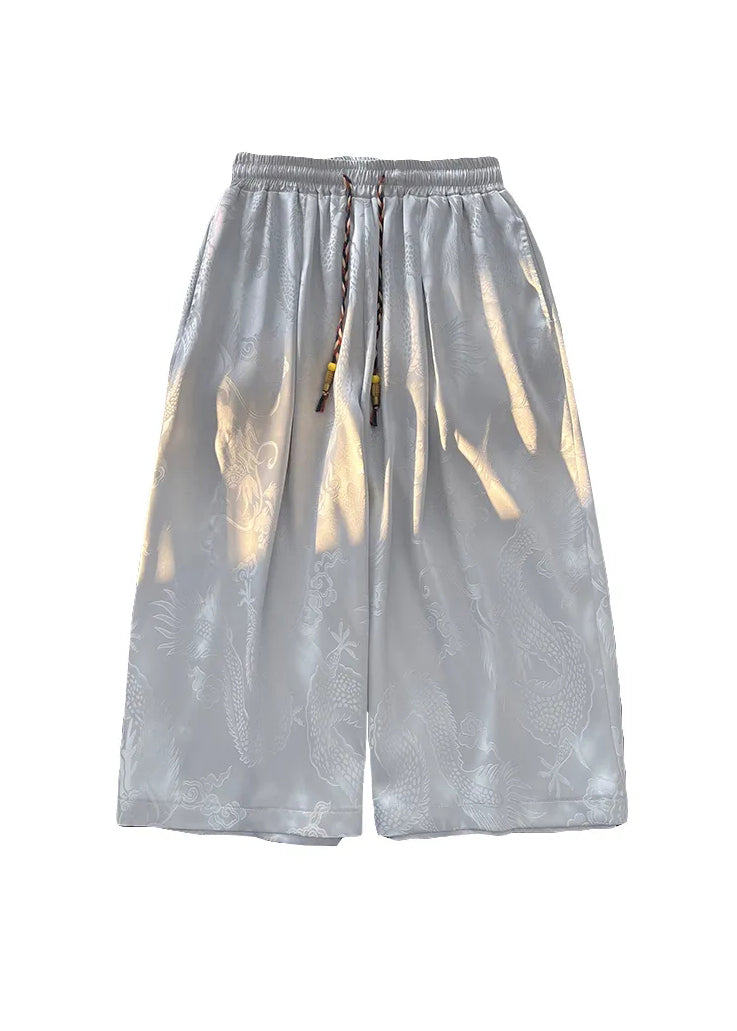 Boutique Grey Pockets Oriental Print Ice Silk Crop Pants Summer Sa043