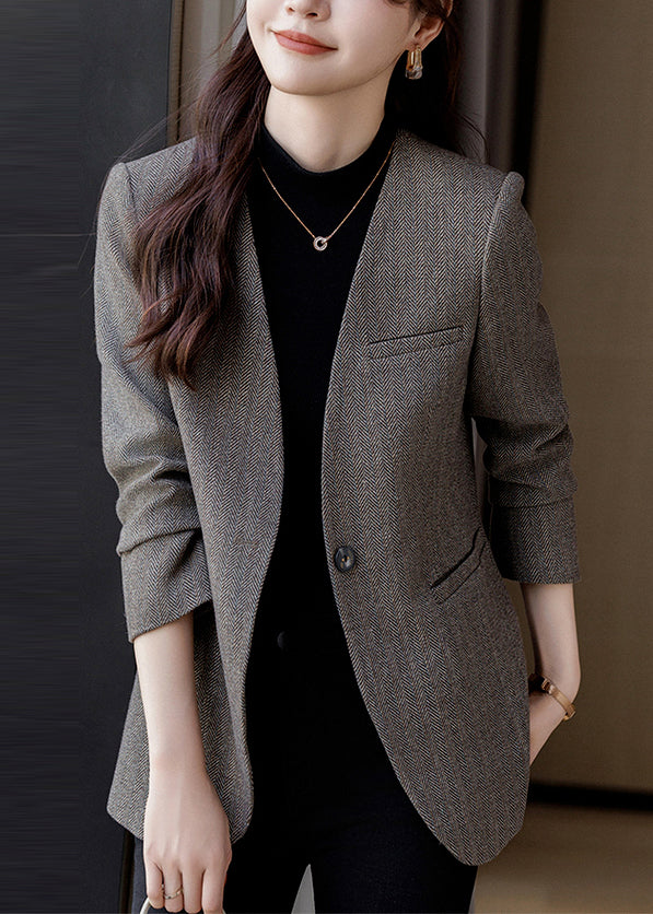 Boutique Grey V Neck Woolen Formal Coats Spring Yj016