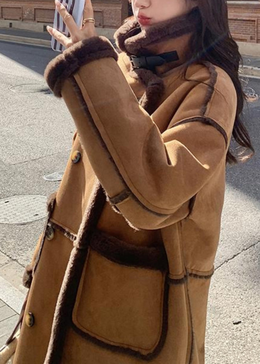 Boutique Khaki Pockets Patchwork Faux Suede Fleece Wool Lined Coat Winter Yy008