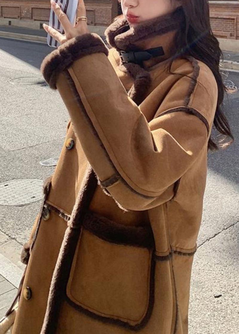 Boutique Khaki Pockets Patchwork Faux Suede Fleece Wool Lined Coat Winter Yy008