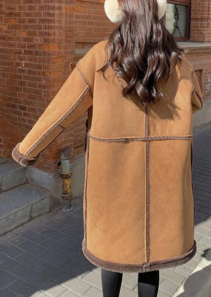 Boutique Khaki Pockets Patchwork Faux Suede Fleece Wool Lined Coat Winter Yy008
