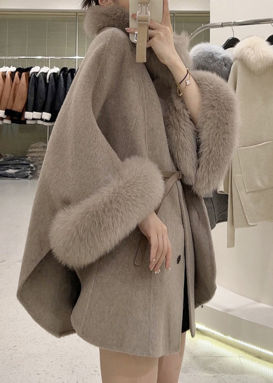 Boutique Light Camel Fur Collar Patchwork Cape Coat Winter Rs036