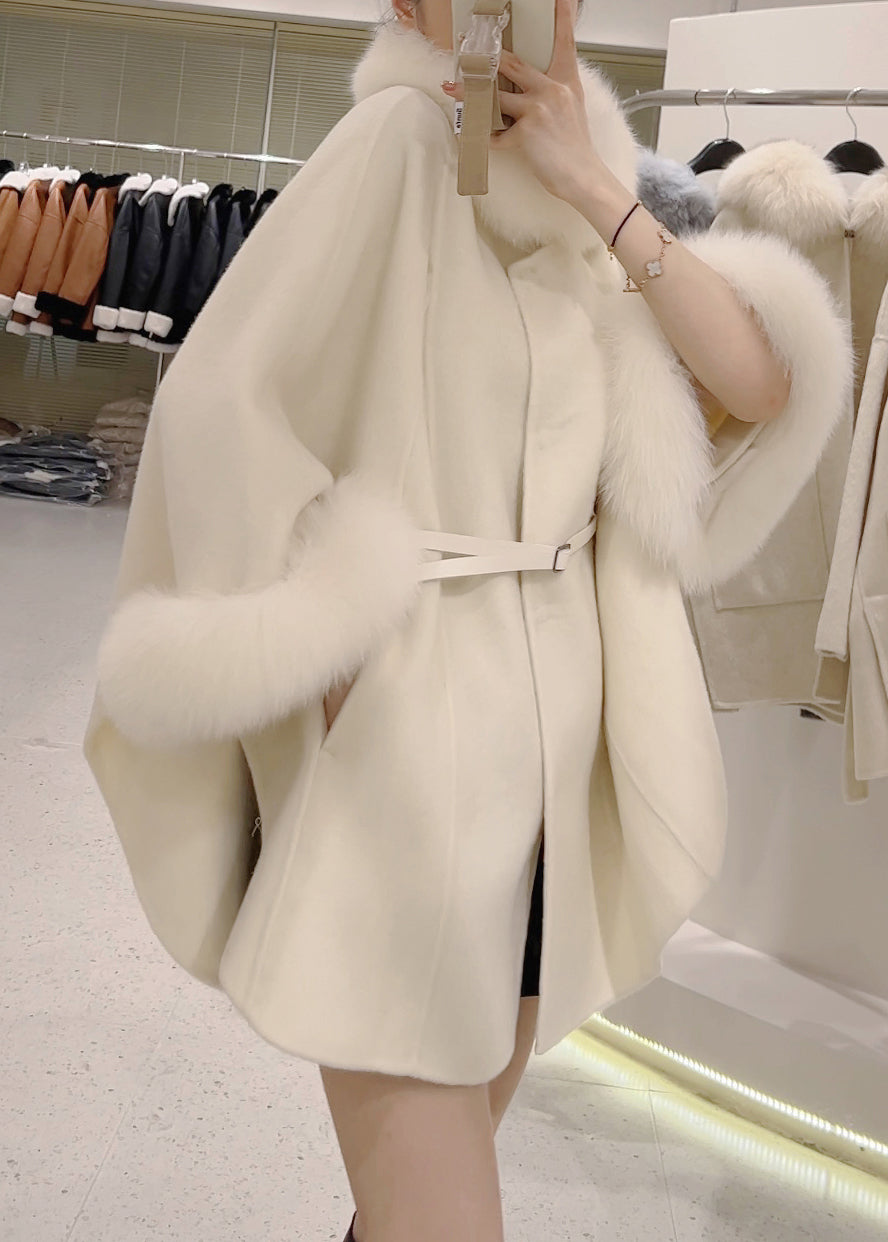 Boutique Light Camel Fur Collar Patchwork Cape Coat Winter Rs036