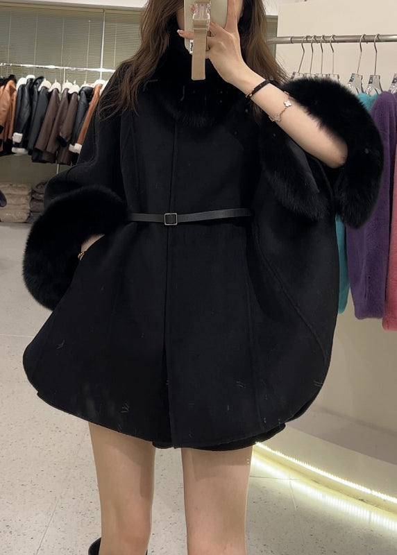 Boutique Light Camel Fur Collar Patchwork Cape Coat Winter Rs036
