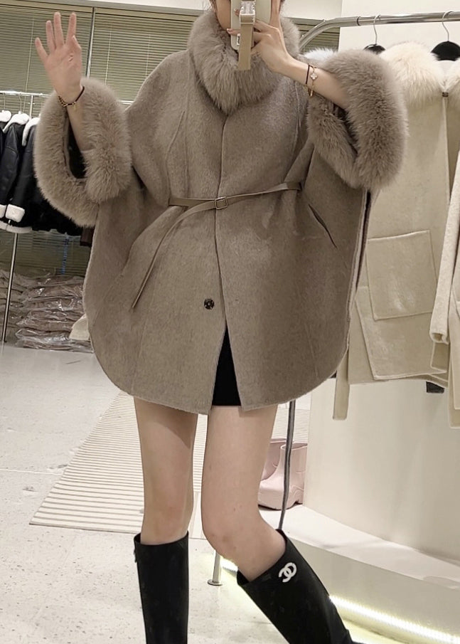 Boutique Light Camel Fur Collar Patchwork Cape Coat Winter Rs036