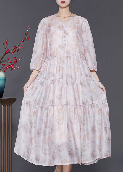 Boutique Light Purple V Neck Print Cotton Long Dress Bracelet Sleeve Sd1054