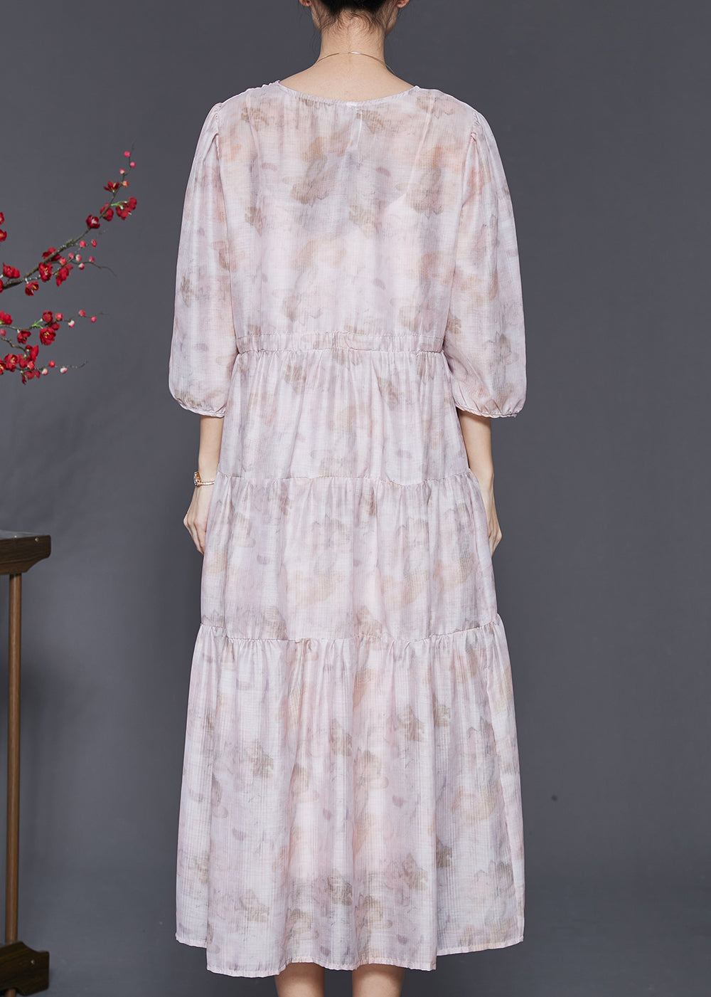 Boutique Light Purple V Neck Print Cotton Long Dress Bracelet Sleeve Sd1054