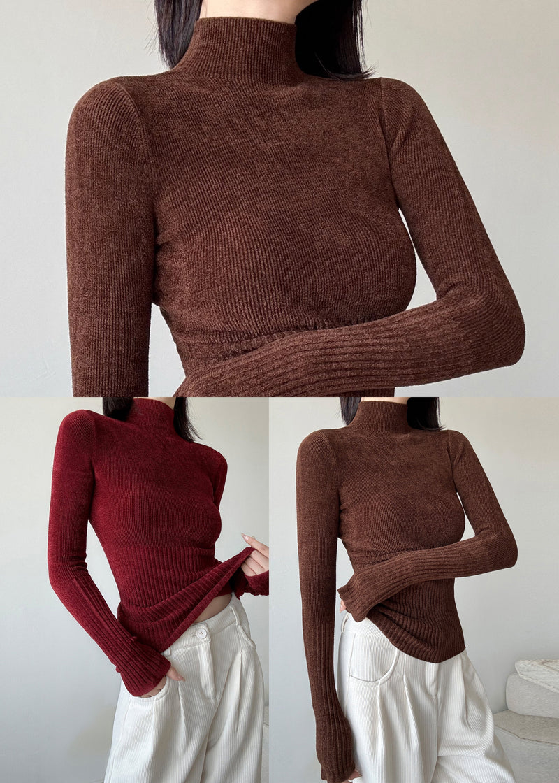 Brown Silm Fit Knit Sweater High Neck Spring Yp027