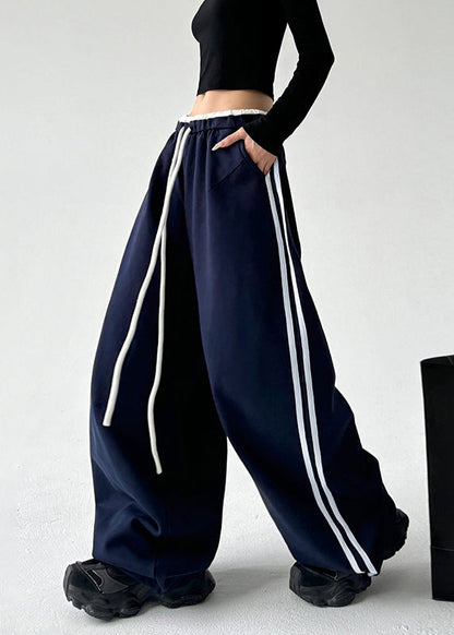 Boutique Navy Blue Drawstring Elastic Waist Wide Leg Pants Spring Ta051
